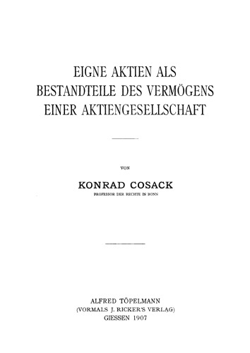 Eigene Aktien als Bestandteile des Vermögens einer Aktiengesellschaft
