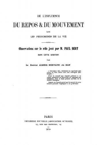 De l'influence du repos & du mouvement dans les phenomenes de la vie: Observations sur le rôle joué