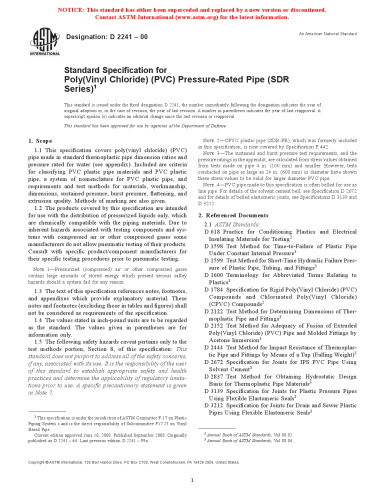 ASTM D2241-00 Standard Specifications for Poly(Vinyl Chloride) (PVC) Pressure-Rated Pipe (SDR Series)